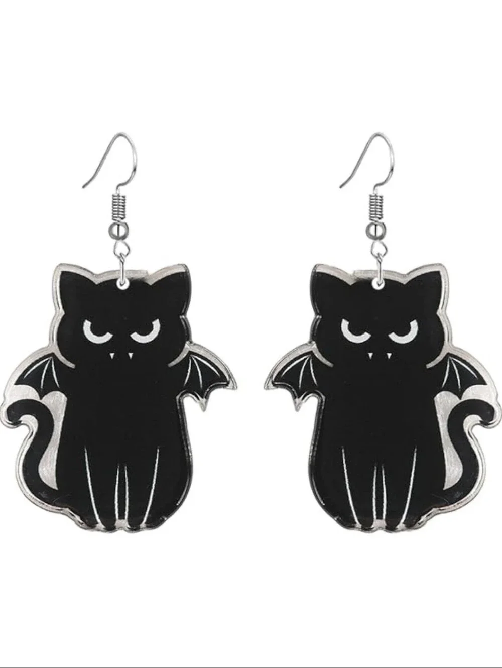 Black Bat Cat Dangle Earrings - Cute Gothic Cat Earrings
